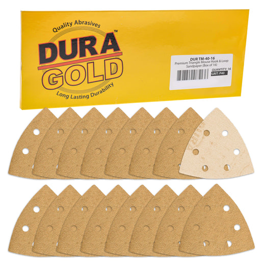 Triangle Mouse Sanding Sheets - 40 Grit (Box of 16) - 6 Hole Pattern Hook & Loop Triangular Shaped Discs - Aluminum Oxide Sandpaper