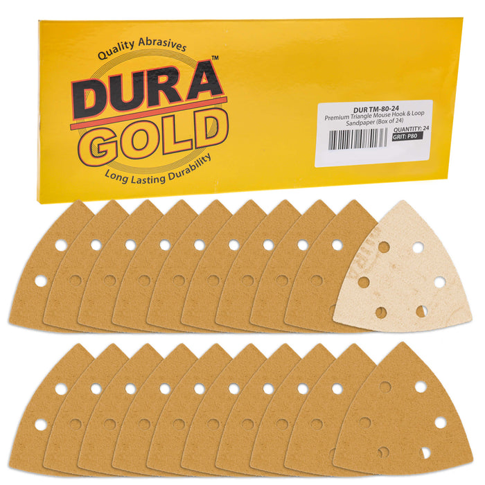 Triangle Mouse Sanding Sheets - 80 Grit (Box of 24) - 6 Hole Pattern Hook & Loop Triangular Shaped Discs - Aluminum Oxide Sandpaper