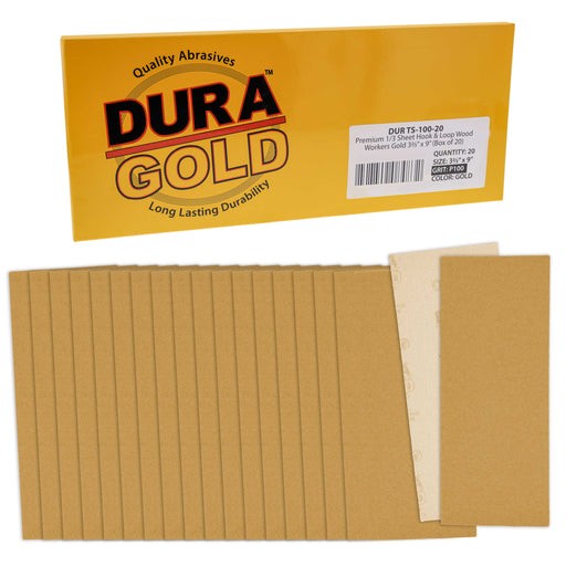 100 Grit - 1/3 Sheet Size Wood Workers Gold, 3-2/3" x 9" with Hook & Loop Backing - Box of 20 Sheets - Jitterbug Sander