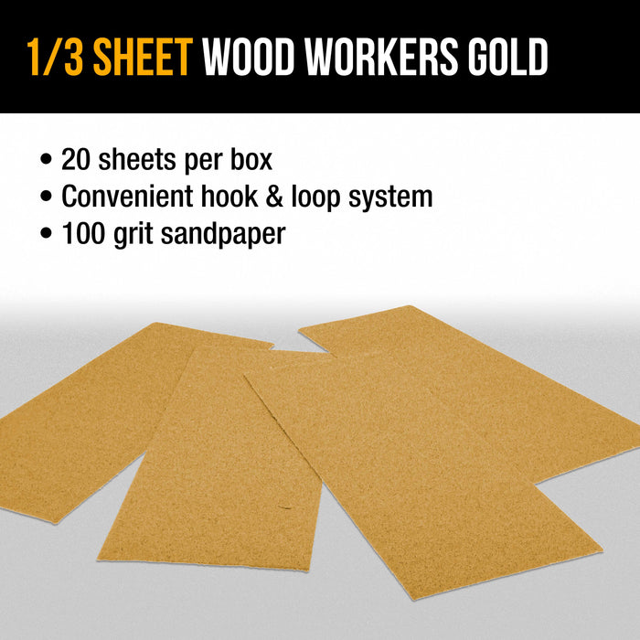 100 Grit - 1/3 Sheet Size Wood Workers Gold, 3-2/3" x 9" with Hook & Loop Backing - Box of 20 Sheets - Jitterbug Sander