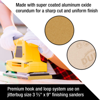 100 Grit - 1/3 Sheet Size Wood Workers Gold, 3-2/3" x 9" with Hook & Loop Backing - Box of 20 Sheets - Jitterbug Sander
