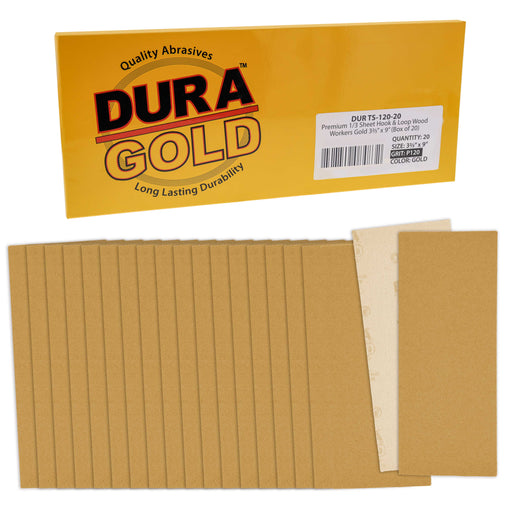 120 Grit - 1/3 Sheet Size Wood Workers Gold, 3-2/3" x 9" with Hook & Loop Backing - Box of 20 Sheets - Jitterbug Sander