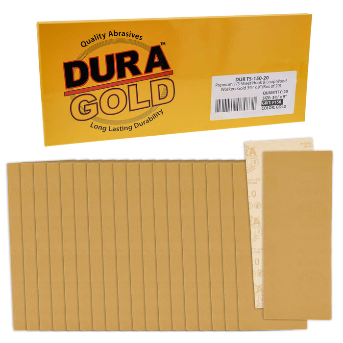 150 Grit - 1/3 Sheet Size Wood Workers Gold, 3-2/3" x 9" with Hook & Loop Backing - Box of 20 Sheets - Jitterbug Sander