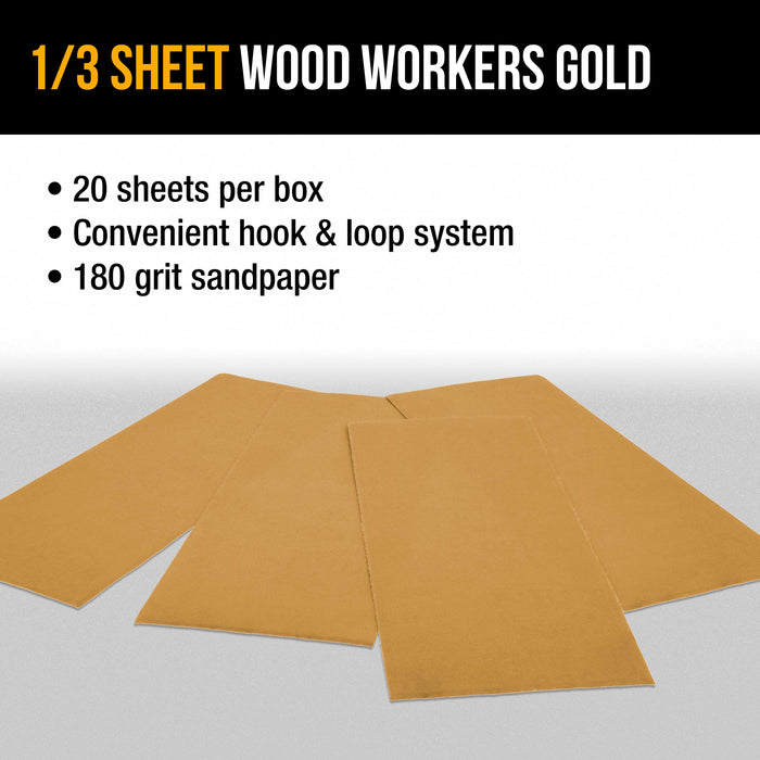 180 Grit - 1/3 Sheet Size Wood Workers Gold, 3-2/3" x 9" with Hook & Loop Backing - Box of 20 Sheets - Jitterbug Sander