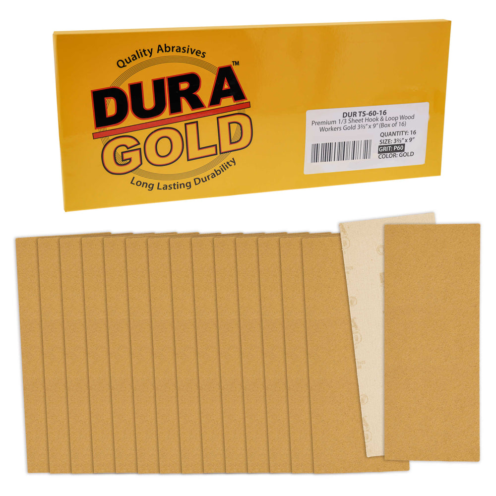 60 Grit - 1/3 Sheet Size Wood Workers Gold, 3-2/3" x 9" with Hook & Loop Backing - Box of 16 Sheets - Jitterbug Sander