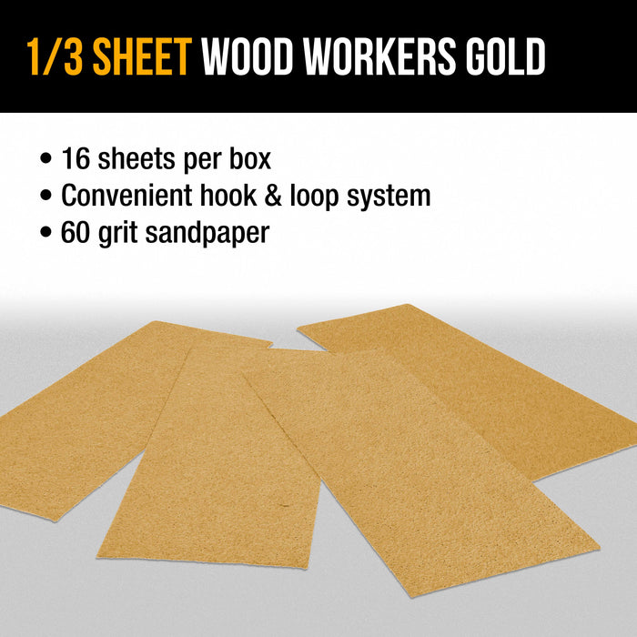 60 Grit - 1/3 Sheet Size Wood Workers Gold, 3-2/3" x 9" with Hook & Loop Backing - Box of 16 Sheets - Jitterbug Sander