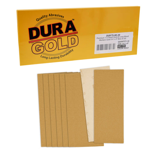 80 Grit - 1/3 Sheet Size Wood Workers Gold, 3-2/3" x 9" with Hook & Loop Backing - Box of 8 Sheets - Jitterbug Sander