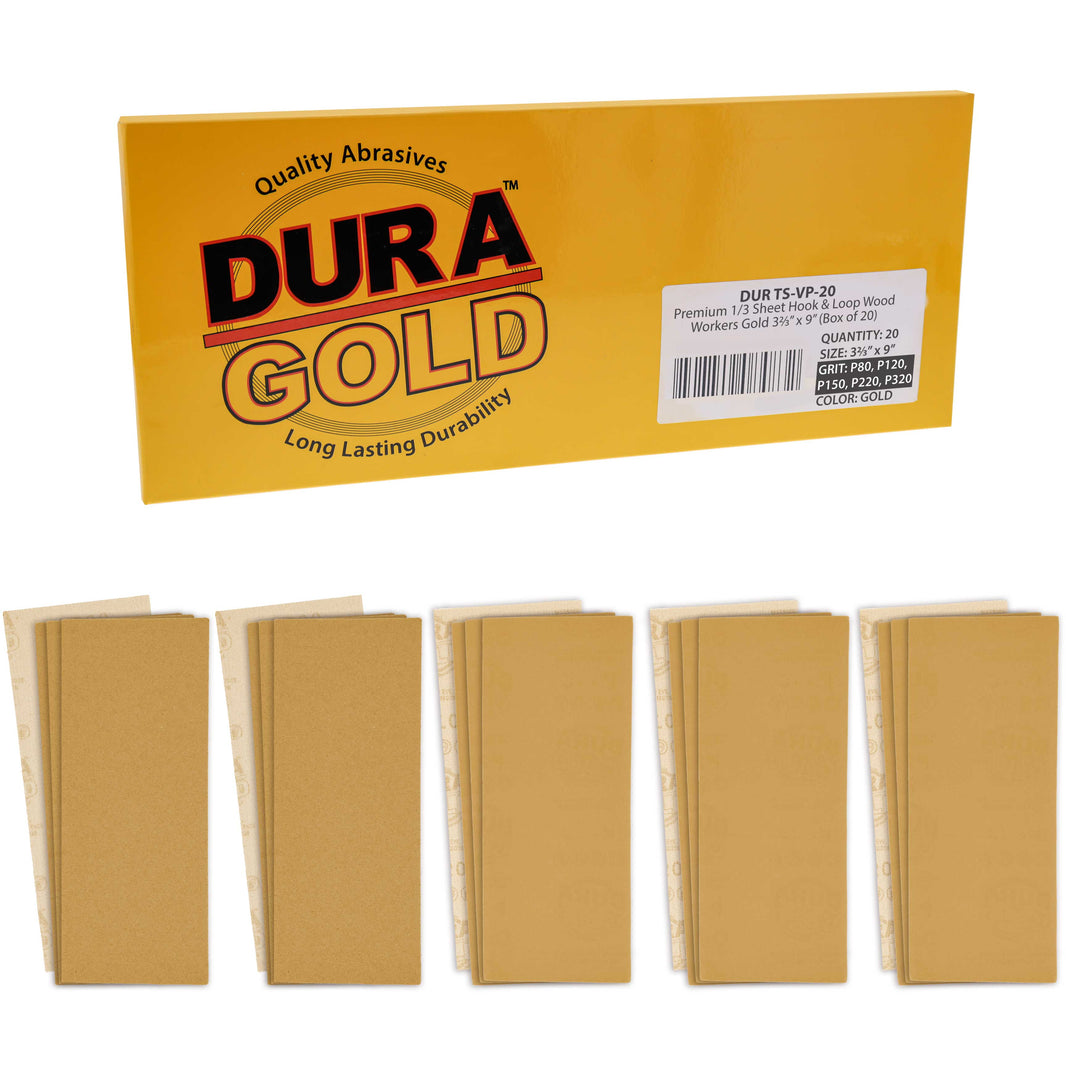 Sandpaper 1/3 Sheet Variety Pack - 80, 120, 150, 220 & 320 Grit (4 Sheets Each, 20 Total) - Gold, 3-2/3" x 9", Hook & Loop