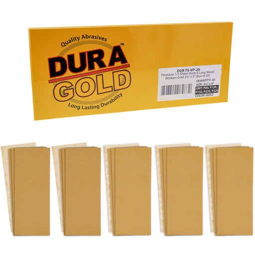 Dura-Gold Sandpaper 1/3 Sheet Variety Pack - 80, 120, 150, 220 & 320 Grit (4 Sheets Each, 20 Total) - Gold, 3-2/3" x 9", Hook & Loop