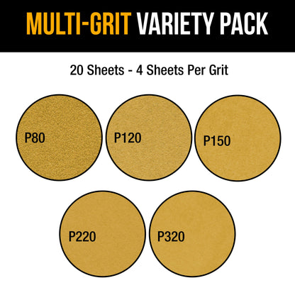 Sandpaper 1/3 Sheet Variety Pack - 80, 120, 150, 220 & 320 Grit (4 Sheets Each, 20 Total) - Gold, 3-2/3" x 9", Hook & Loop