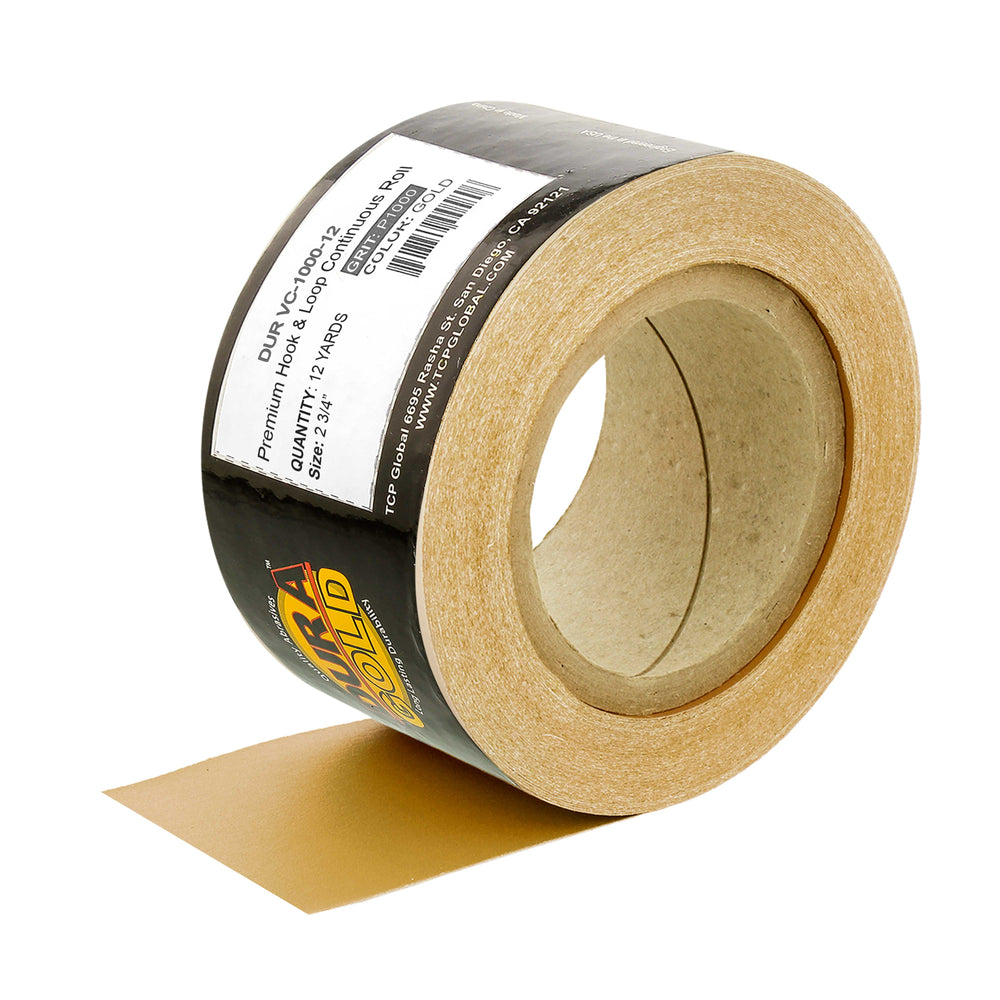 Dura-Gold Premium 1000 Grit Gold Longboard Continuous Sandpaper Roll, 2-3/4" Wide, 12 Yards Long, Hook & Loop Backing - Auto Detailing, Color Sanding