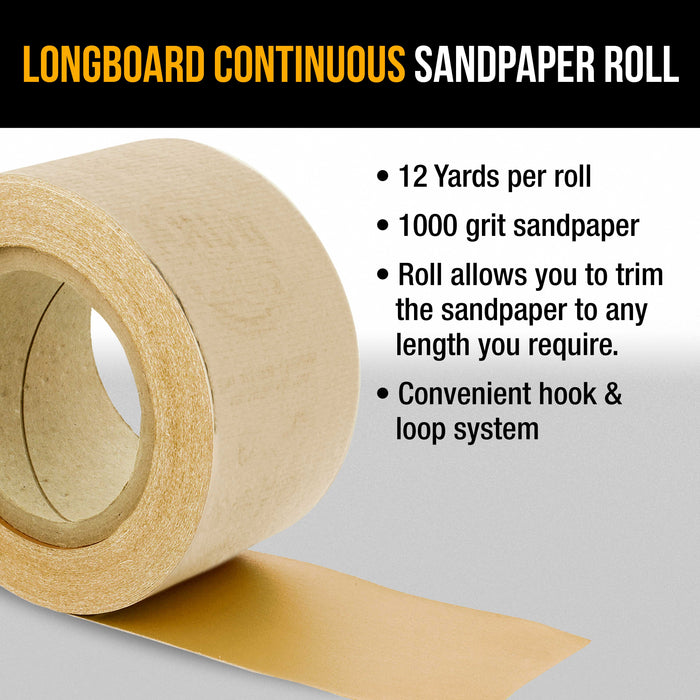 Dura-Gold Premium 1000 Grit Gold Longboard Continuous Sandpaper Roll, 2-3/4" Wide, 12 Yards Long, Hook & Loop Backing - Auto Detailing, Color Sanding