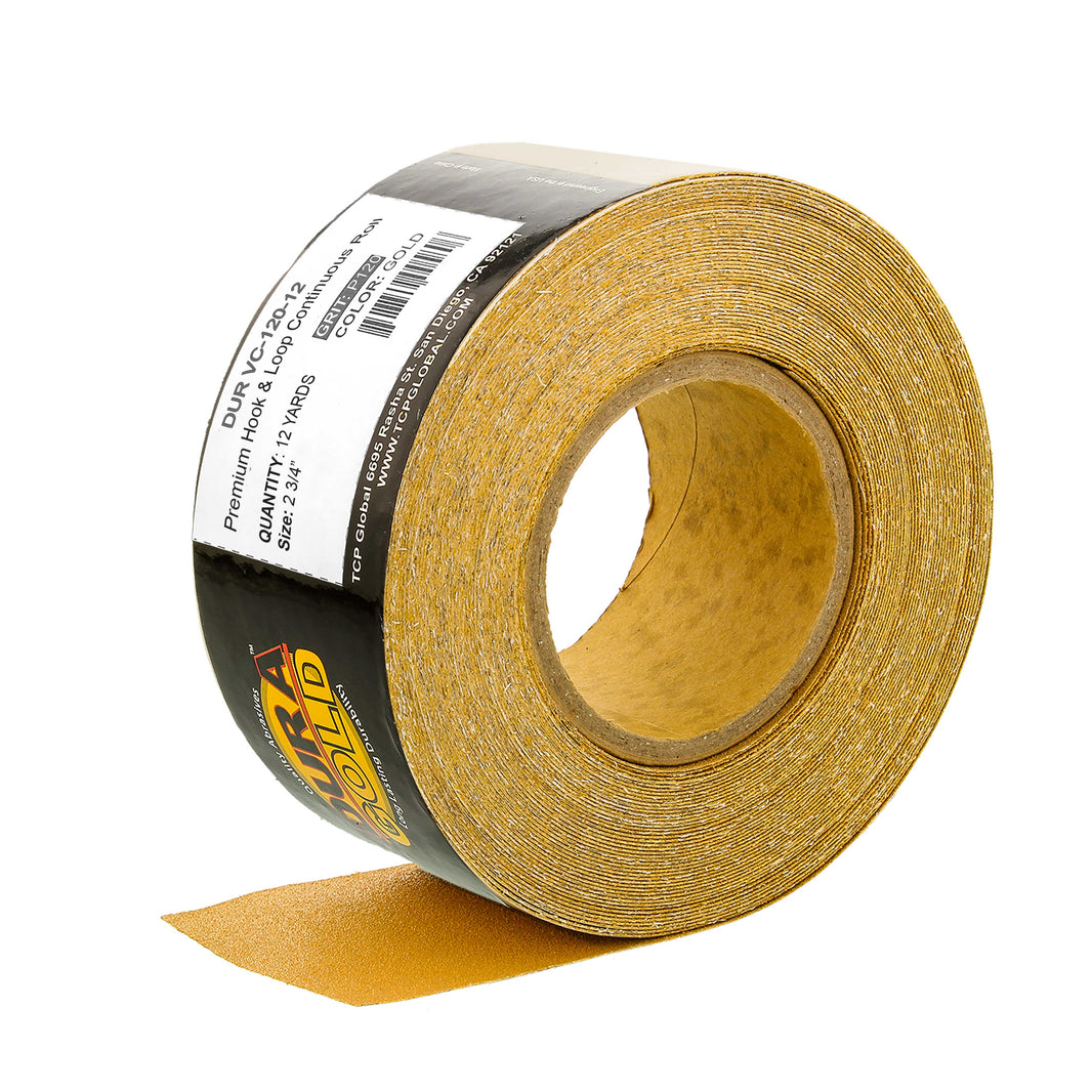 Premium 120 Grit Gold Longboard Continuous Sandpaper Roll, 2-3/4" Wide, 12 Yards Long, Hook & Loop Backing - Automotive, Woodworking Sanding