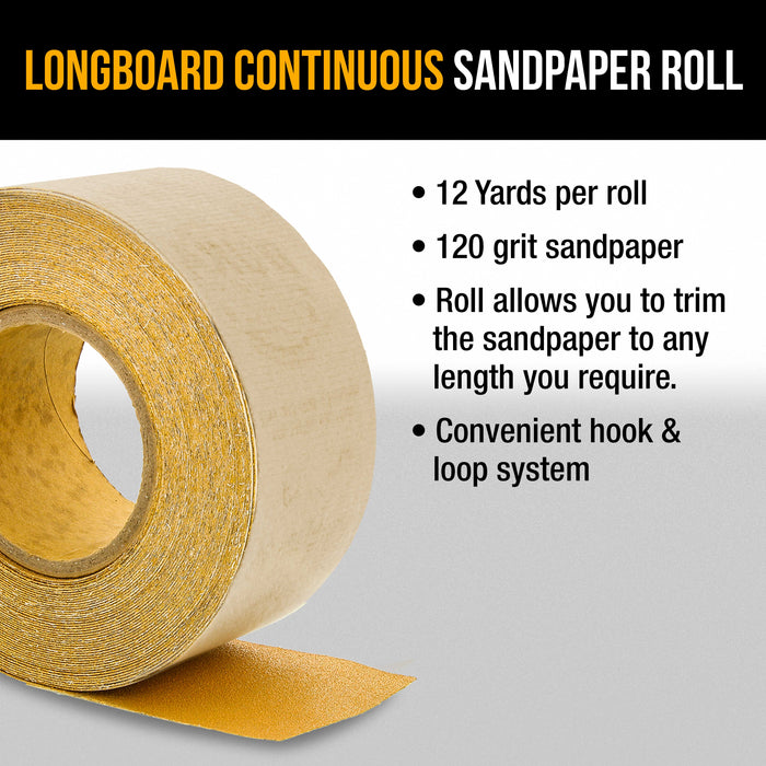 Dura-Gold Premium 120 Grit Gold Longboard Continuous Sandpaper Roll, 2-3/4" Wide, 12 Yards Long, Hook & Loop Backing - Automotive, Woodworking Sanding