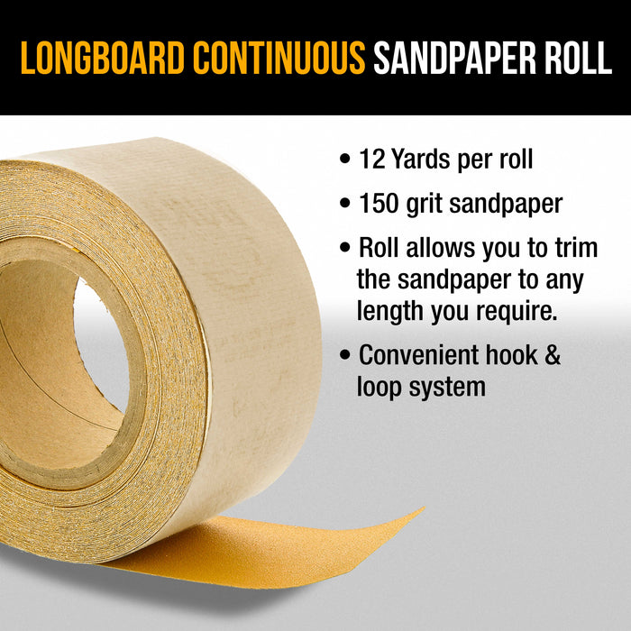 Dura-Gold Premium 150 Grit Gold Longboard Continuous Sandpaper Roll, 2-3/4" Wide, 12 Yards Long, Hook & Loop Backing - Automotive, Woodworking Sanding