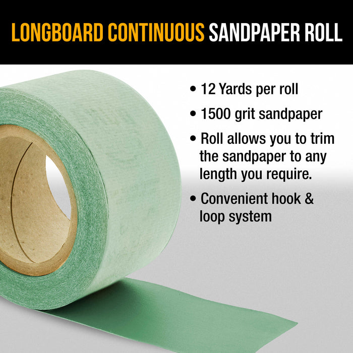 Dura-Gold Premium 1500 Grit Green Film Longboard Continuous Sandpaper Roll, 2-3/4" Wide, 12 Yards Long, Hook & Loop Backing - Detailing, Color Sanding