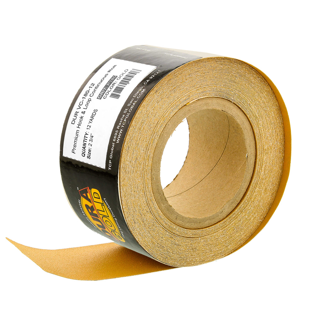 Dura-Gold Premium 180 Grit Gold Longboard Continuous Sandpaper Roll, 2-3/4" Wide, 12 Yards Long, Hook & Loop Backing - Automotive, Woodworking Sanding