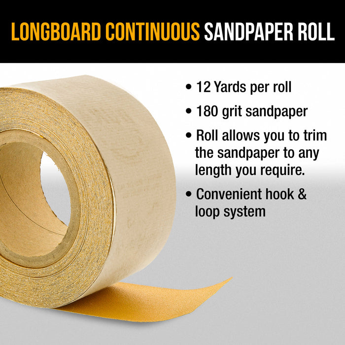 Dura-Gold Premium 180 Grit Gold Longboard Continuous Sandpaper Roll, 2-3/4" Wide, 12 Yards Long, Hook & Loop Backing - Automotive, Woodworking Sanding