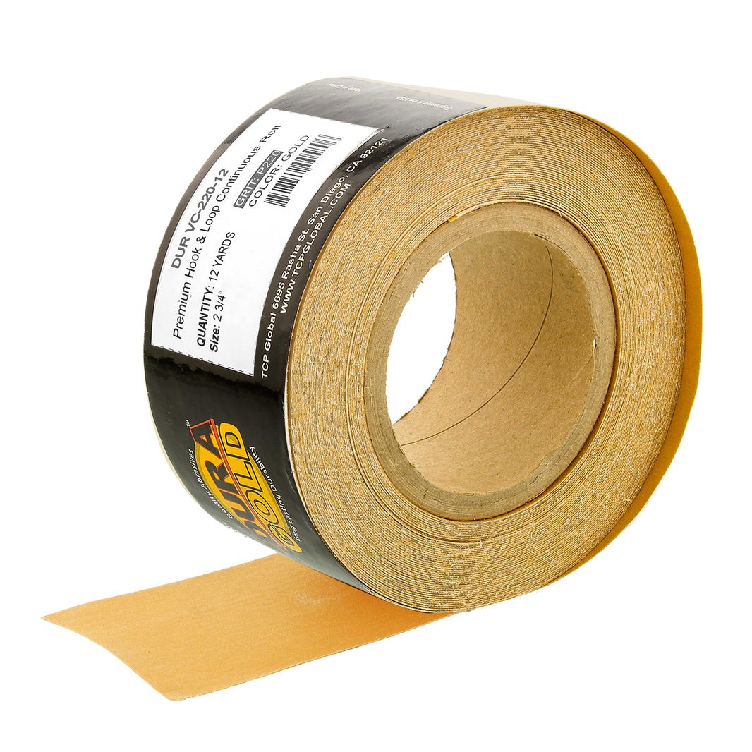 Premium 220 Grit Gold Longboard Continuous Sandpaper Roll, 2-3/4" Wide, 12 Yards Long, Hook & Loop Backing - Automotive, Woodworking Sanding