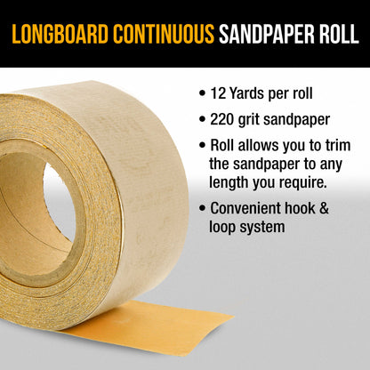 Premium 220 Grit Gold Longboard Continuous Sandpaper Roll, 2-3/4" Wide, 12 Yards Long, Hook & Loop Backing - Automotive, Woodworking Sanding