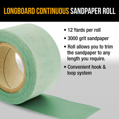 Premium 3000 Grit Green Film Longboard Continuous Sandpaper Roll, 2-3/4" Wide, 12 Yards Long, Hook & Loop Backing - Detailing, Color Sanding