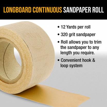 Premium 320 Grit Gold Longboard Continuous Sandpaper Roll, 2-3/4" Wide, 12 Yards Long, Hook & Loop Backing - Automotive, Woodworking Sanding