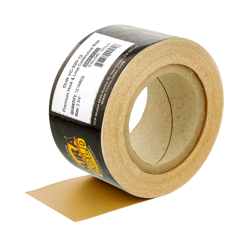 Dura-Gold Premium 320 Grit Gold Longboard Continuous Sandpaper Roll, 2-3/4" Wide, 12 Yards Long, Hook & Loop Backing - Automotive, Woodworking Sanding