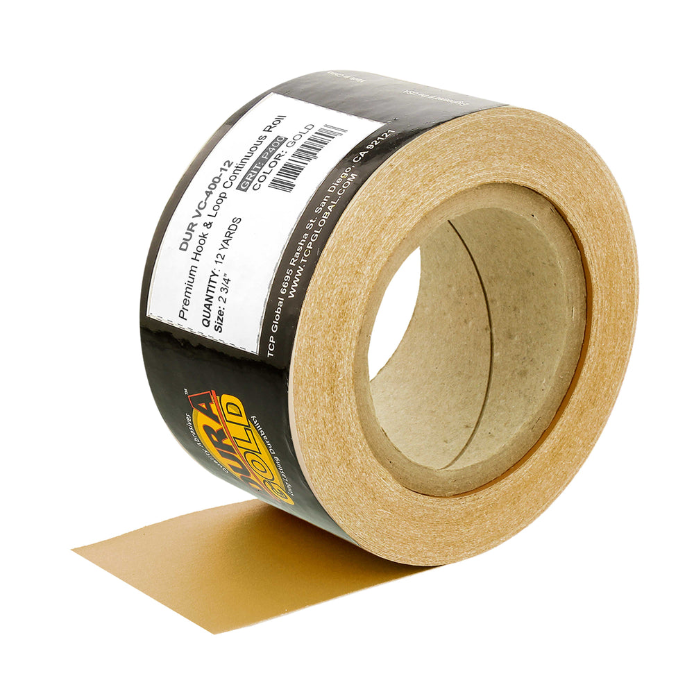 Dura-Gold Premium 400 Grit Gold Longboard Continuous Sandpaper Roll, 2-3/4" Wide, 12 Yards Long, Hook & Loop Backing - Automotive, Woodworking Sanding