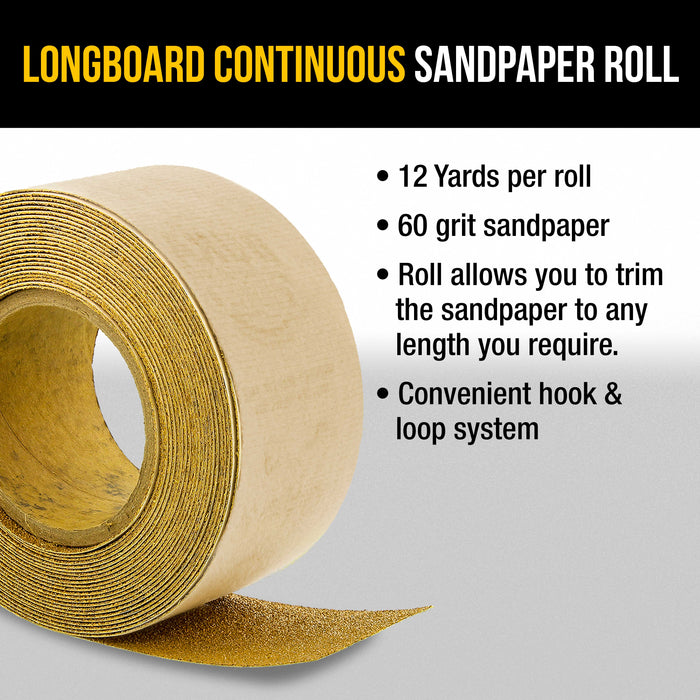 Dura-Gold Premium 60 Grit Gold Longboard Continuous Sandpaper Roll, 2-3/4" Wide, 12 Yards Long, Hook & Loop Backing - Automotive, Woodworking Sanding