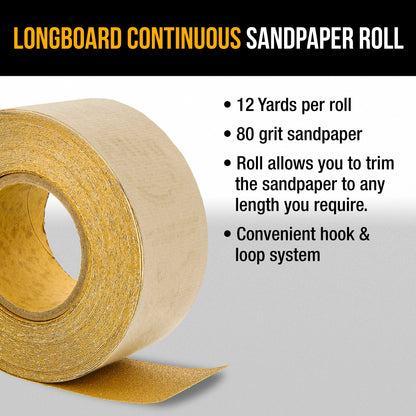 Premium 80 Grit Gold Longboard Continuous Sandpaper Roll, 2-3/4" Wide, 12 Yards Long, Hook & Loop Backing - Automotive, Woodworking Sanding