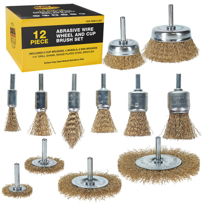 12-Piece Abrasive Brass-Coated Wire Wheel, Cup Brush, and End Brush Set, 1/4" Drill Shank - Clean Remove Grind, Strip Rust, Corrosion, Paint