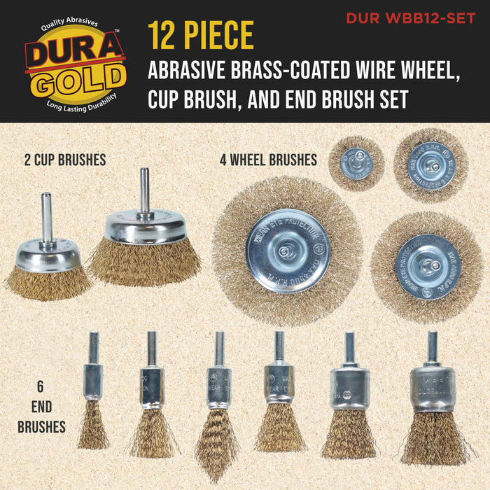 Dura-Gold 12-Piece Abrasive Brass-Coated Wire Wheel, Cup Brush, and End Brush Set, 1/4" Drill Shank - Clean Remove Grind, Strip Rust, Corrosion, Paint