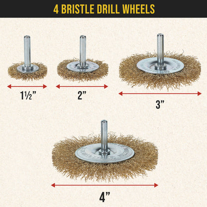 12-Piece Abrasive Brass-Coated Wire Wheel, Cup Brush, and End Brush Set, 1/4" Drill Shank - Clean Remove Grind, Strip Rust, Corrosion, Paint