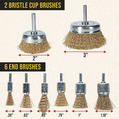 12-Piece Abrasive Brass-Coated Wire Wheel, Cup Brush, and End Brush Set, 1/4" Drill Shank - Clean Remove Grind, Strip Rust, Corrosion, Paint