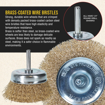 12-Piece Abrasive Brass-Coated Wire Wheel, Cup Brush, and End Brush Set, 1/4" Drill Shank - Clean Remove Grind, Strip Rust, Corrosion, Paint