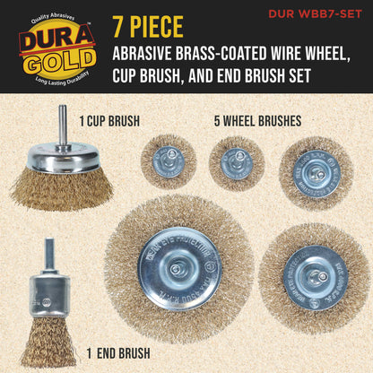 7-Piece Abrasive Brass-Coated Wire Wheel, Cup Brush, and End Brush Set, 1/4" Drill Shank - Clean Remove Grind, Strip Rust, Corrosion, Paint