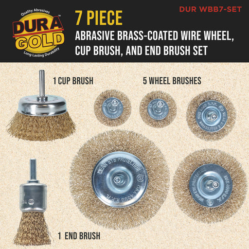 Dura-Gold 7-Piece Abrasive Brass-Coated Wire Wheel, Cup Brush, and End Brush Set, 1/4" Drill Shank - Clean Remove Grind, Strip Rust, Corrosion, Paint