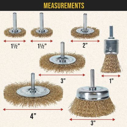 7-Piece Abrasive Brass-Coated Wire Wheel, Cup Brush, and End Brush Set, 1/4" Drill Shank - Clean Remove Grind, Strip Rust, Corrosion, Paint
