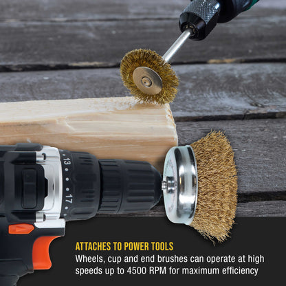 7-Piece Abrasive Brass-Coated Wire Wheel, Cup Brush, and End Brush Set, 1/4" Drill Shank - Clean Remove Grind, Strip Rust, Corrosion, Paint