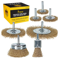 7-Piece Abrasive Brass-Coated Wire Wheel, Cup Brush, and End Brush Set, 1/4" Drill Shank - Clean Remove Grind, Strip Rust, Corrosion, Paint