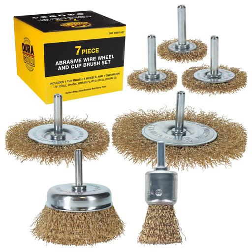 Dura-Gold 7-Piece Abrasive Brass-Coated Wire Wheel, Cup Brush, and End Brush Set, 1/4" Drill Shank - Clean Remove Grind, Strip Rust, Corrosion, Paint