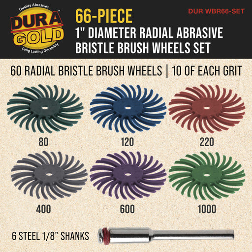Dura-Gold 66-Piece 1" Diameter Radial Abrasive Bristle Brush Wheels Set - 10 Each Grits 80, 120, 220, 400, 600, 1000, 6 Rotary Tool 1/8" Steel Shanks