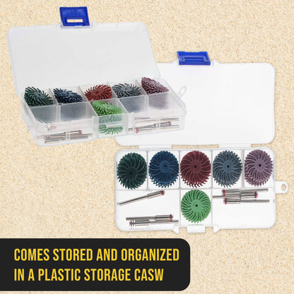 66-Piece 1" Diameter Radial Abrasive Bristle Brush Wheels Set - 10 Each Grits 80, 120, 220, 400, 600, 1000, 6 Rotary Tool 1/8" Steel Shanks