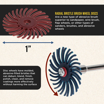 66-Piece 1" Diameter Radial Abrasive Bristle Brush Wheels Set - 10 Each Grits 80, 120, 220, 400, 600, 1000, 6 Rotary Tool 1/8" Steel Shanks