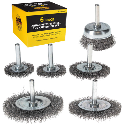 Dura-Gold 6-Piece Abrasive Wire Wheel and Cup Brush Set, 1/4" Drill Shank, Carbon Steel Bristles - Clean Remove Grind, Strip Rust, Corrosion, Paint