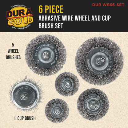 6-Piece Abrasive Wire Wheel and Cup Brush Set, 1/4" Drill Shank, Carbon Steel Bristles - Clean Remove Grind, Strip Rust, Corrosion, Paint