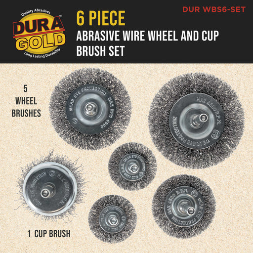 Dura-Gold 6-Piece Abrasive Wire Wheel and Cup Brush Set, 1/4" Drill Shank, Carbon Steel Bristles - Clean Remove Grind, Strip Rust, Corrosion, Paint