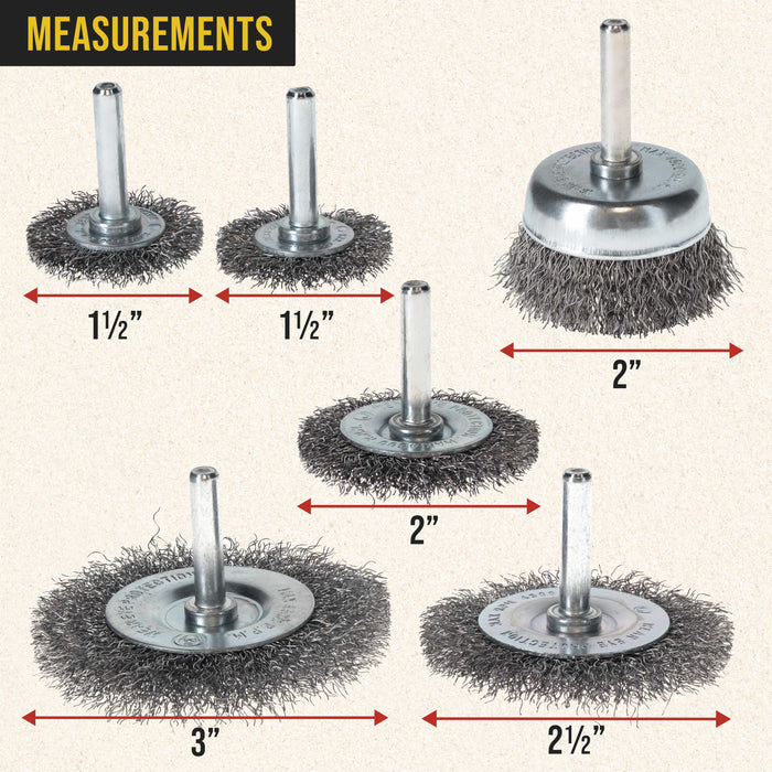 Dura-Gold 6-Piece Abrasive Wire Wheel and Cup Brush Set, 1/4" Drill Shank, Carbon Steel Bristles - Clean Remove Grind, Strip Rust, Corrosion, Paint