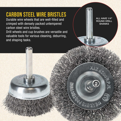 6-Piece Abrasive Wire Wheel and Cup Brush Set, 1/4" Drill Shank, Carbon Steel Bristles - Clean Remove Grind, Strip Rust, Corrosion, Paint