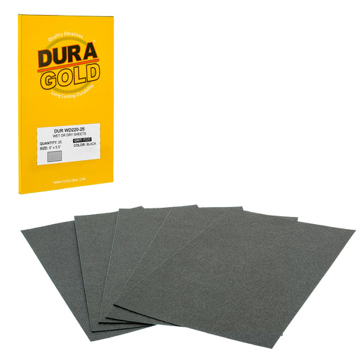 220 Grit - Wet or Dry Sandpaper Finishing Sheets 5-1/2" x 9" Sheets - Box of 25